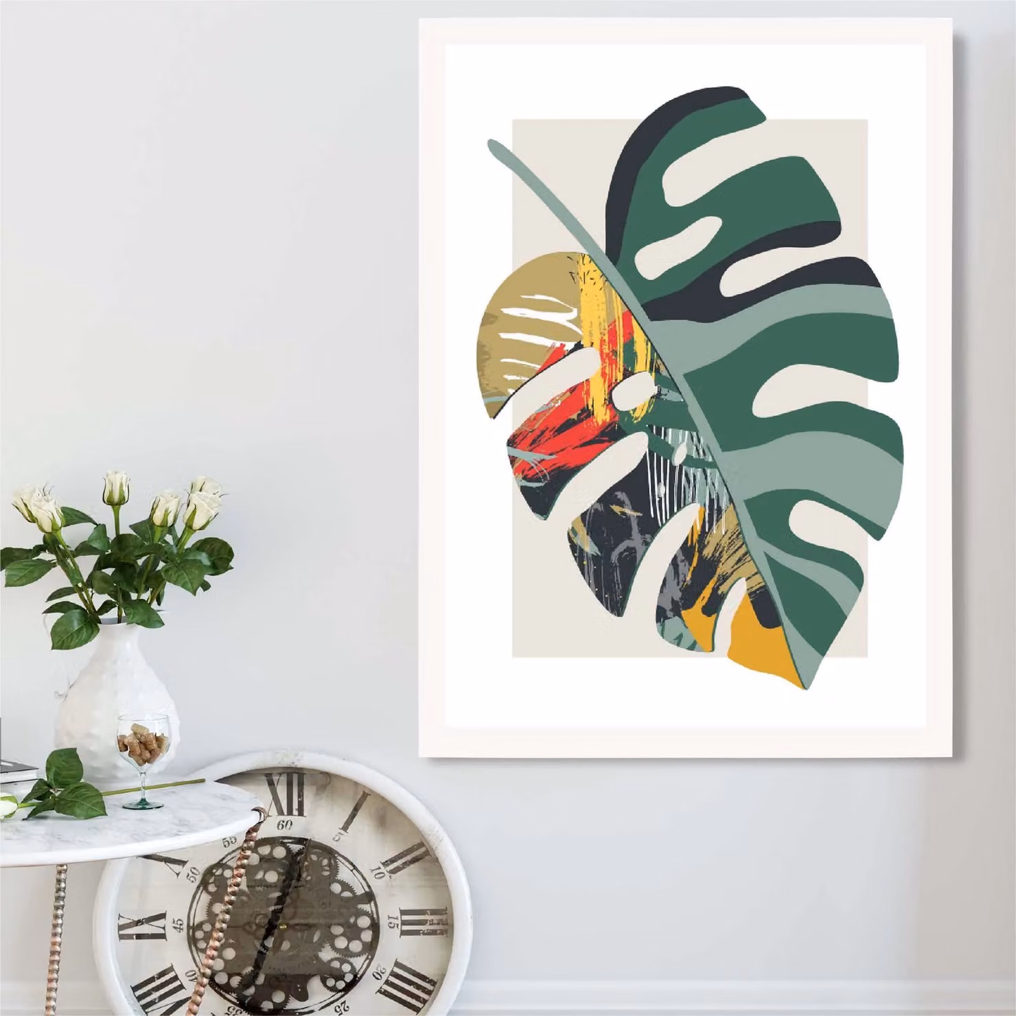ARTZE Monstera Botanical Minimalist Framed Print in Green, Red and White with White Frame, A3 – 2