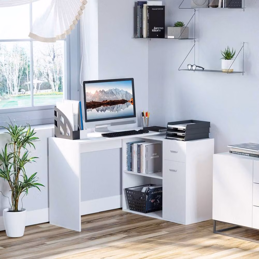 Wyld Haus Conono L Shaped Corner Desk in White Wood Grain with Single Pedestal Drawer – 3