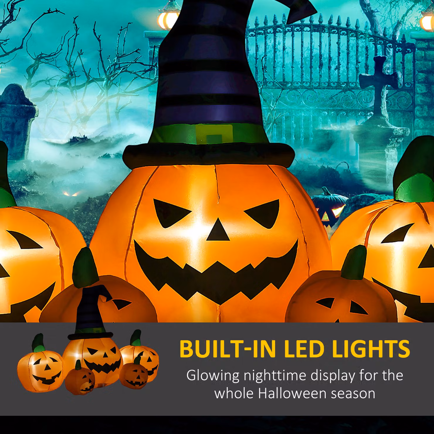 Outsunny 6ft Inflatable Halloween Large Pumpkin in Hat with Four Small Pumpkins, Orange LED Blow-Up Outdoor Decoration – 5