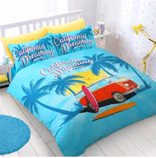 Velosso California Dreaming Cotton Rich Printed Duvet Cover and Pillowcase Set in Blue, W/D/H: 135 x 200 cm and 50 x 75 cm