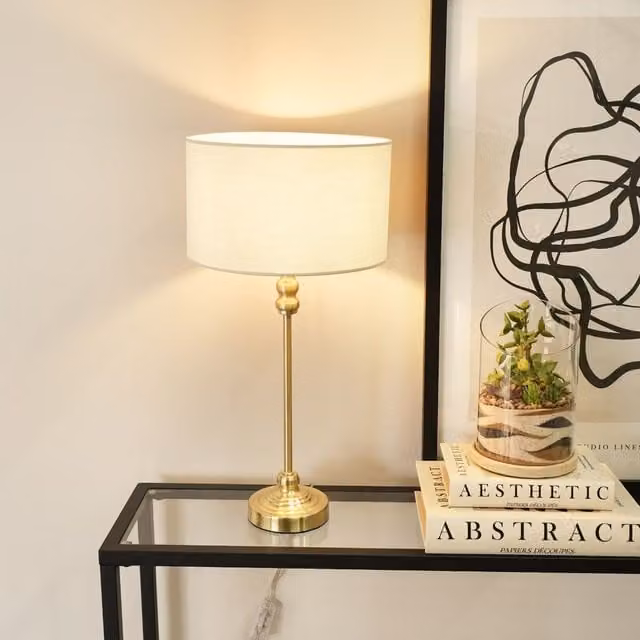 ValueLights Maggie Gold Metal Candlestick Table Lamp with White Fabric Drum Shade and LED Bulb