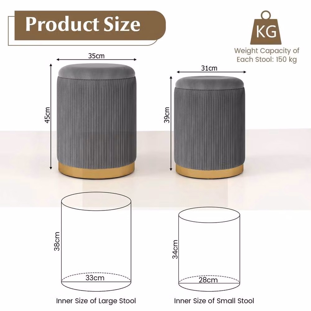 Kelvenix Set of 2 Grey Velvet Round Nesting Storage Ottomans – 2