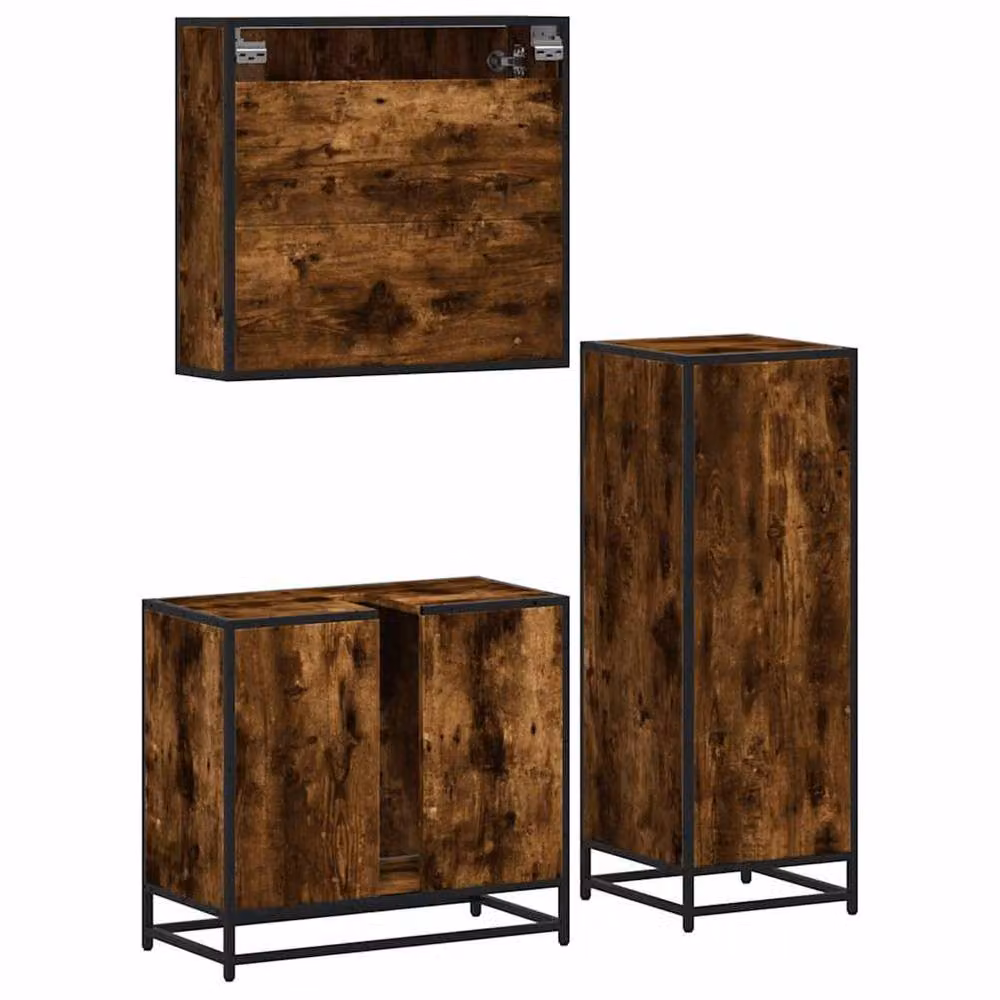 Berkfield Home 3 Piece Industrial Bathroom Furniture Set in Smoked Oak Brown featuring Mirror Cabinet, Vanity Unit and Tall Cabinet – 4