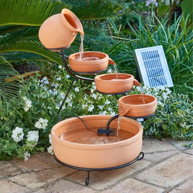 Primrose Solar Terracotta Jug and Bowl Cascading Water Feature with LEDs in Brown