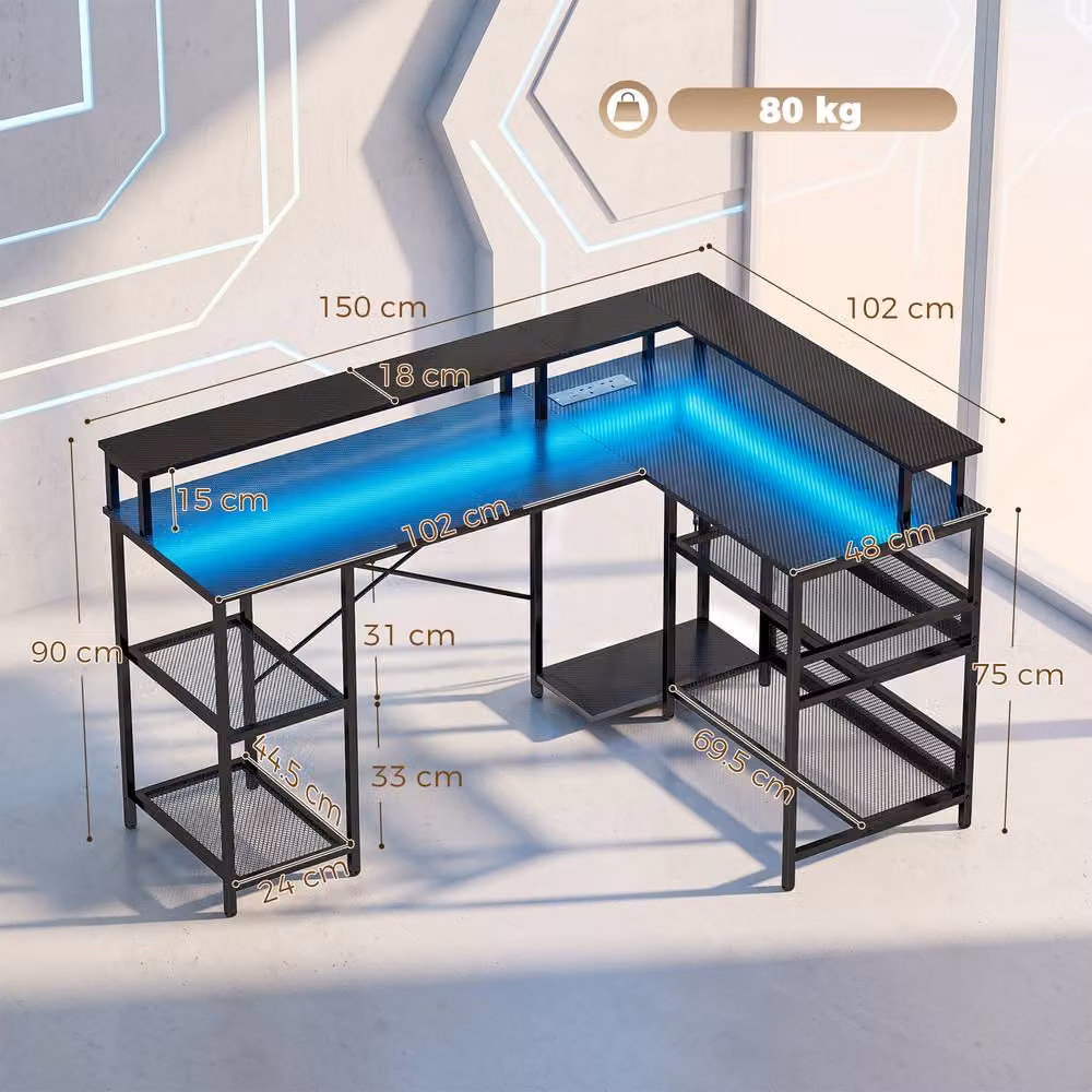 HOMCOM L-Shaped Gaming Desk with LED Lights and Power Outlets in Black – 2