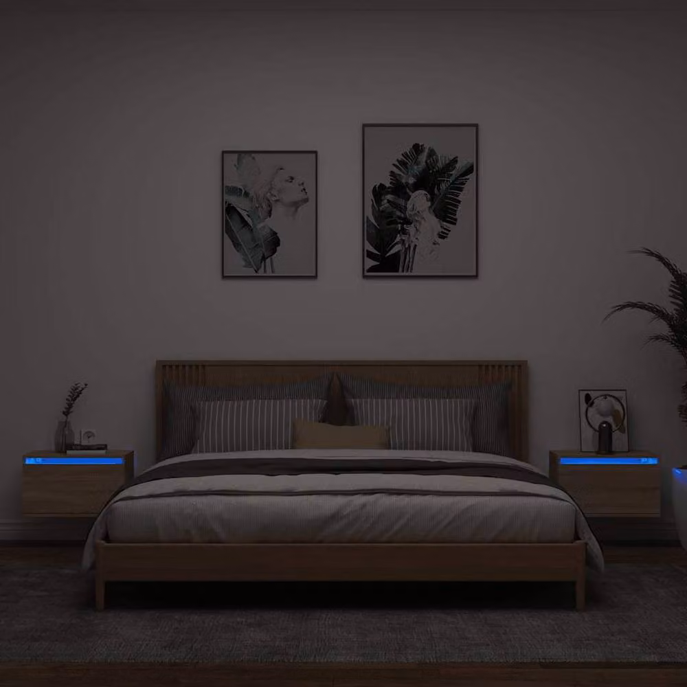 Berkfield Home Set of 2 Wall-mounted Bedside Cabinets with Integrated LED Lights, Sonoma Oak, Light Brown, W: 36 cm, D: 30 cm, H: 50 cm – 2