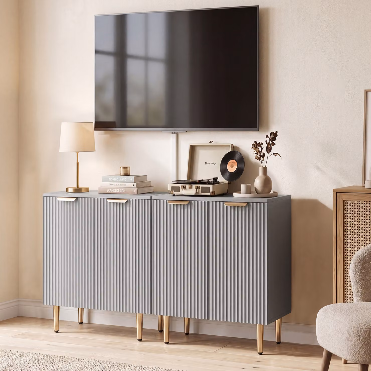 HOMCOM Modern Grey Sideboard Buffet Cabinet with Adjustable Shelf and Metal Legs – 3
