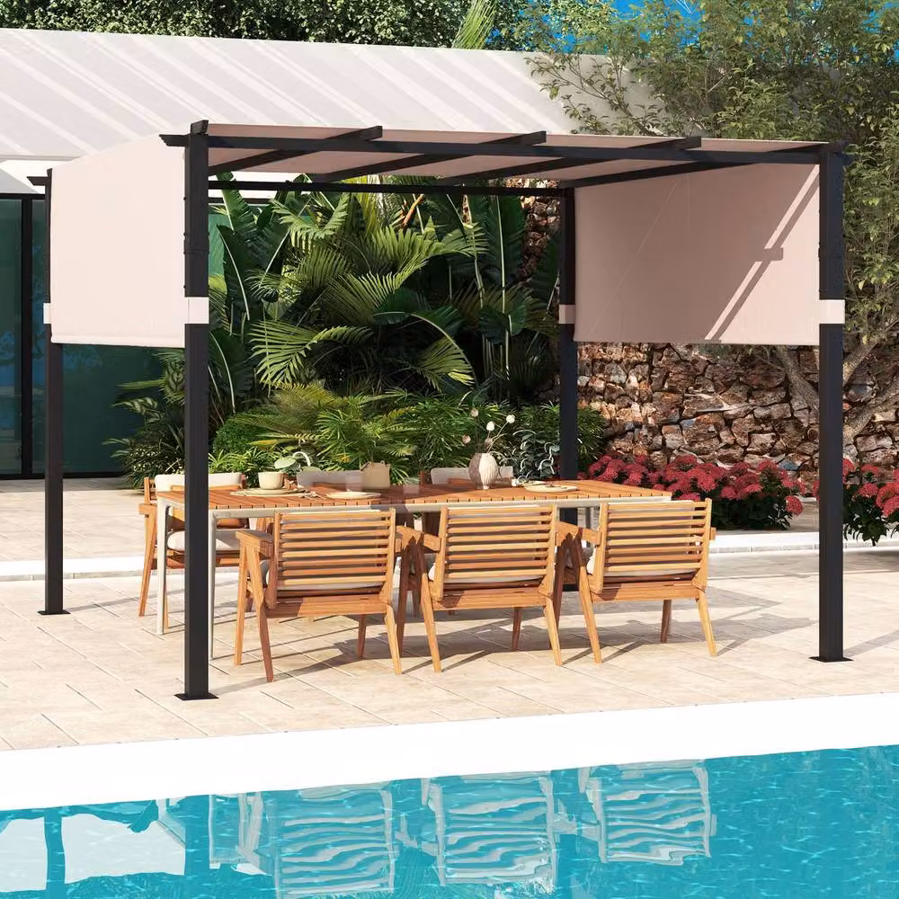 Costway Flat Top Outdoor Pergola with Retractable Canopy in Beige, W/D: 305 x 305 cm, H: 215 cm – 3