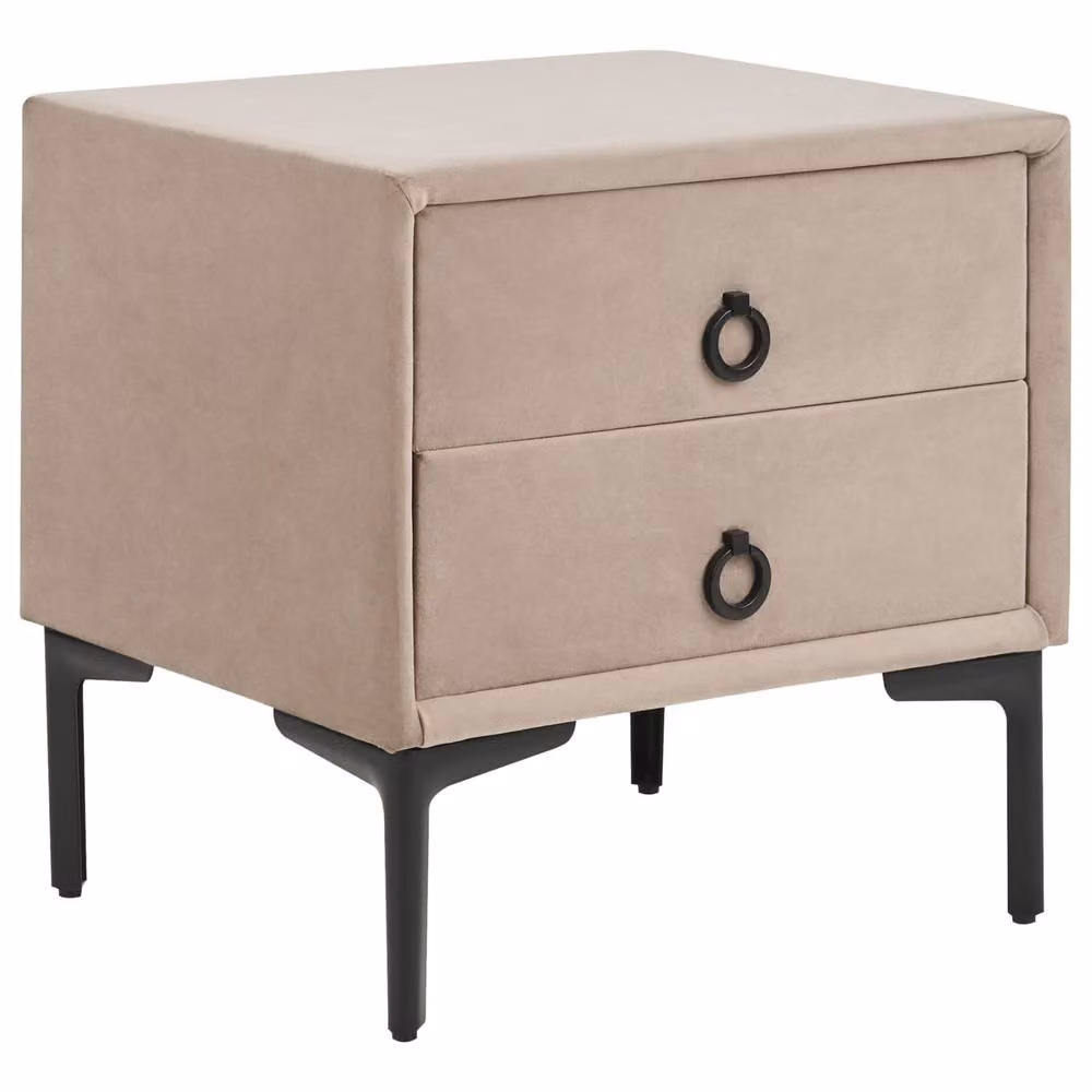 Wyld and Coco Taupe Velvet Bedside Table with 2 Drawers and Black Metal Legs in Beige – 2
