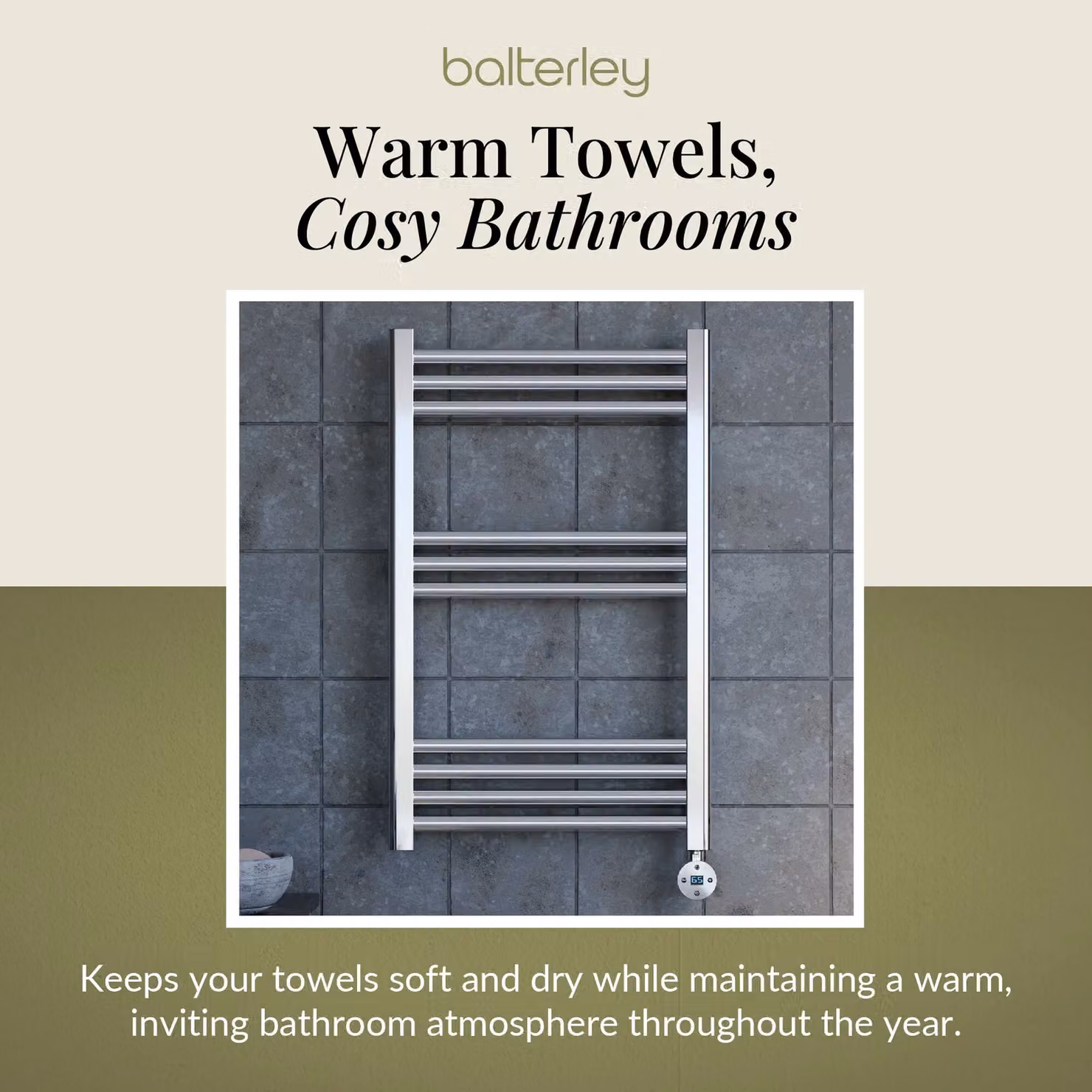 Balterley Electric Round Tube Towel Rail with 10 Bars, Silver, W: 50 cm, H: 80 cm – 5