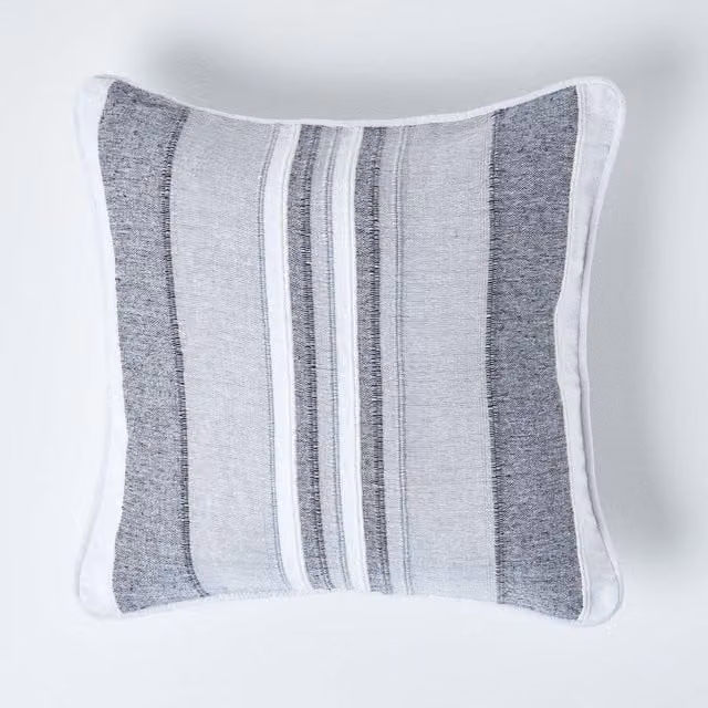 Homescapes Morocco Cotton Striped Square Cushion Cover in Monochrome White, Black and Grey, W: 45 cm x H: 45 cm