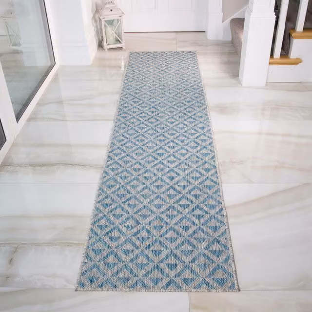 The Rug House Aqua Blue Diamond Geometric Flatweave Indoor Outdoor Rug, W: 240 cm, D: 60 cm