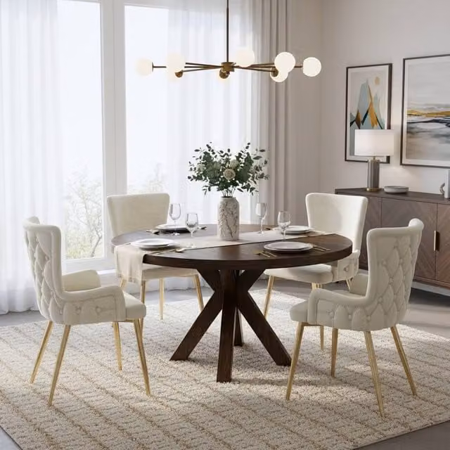 BTM Set of 4 Beige Velvet Dining Chairs with Gold Metal Legs – 1