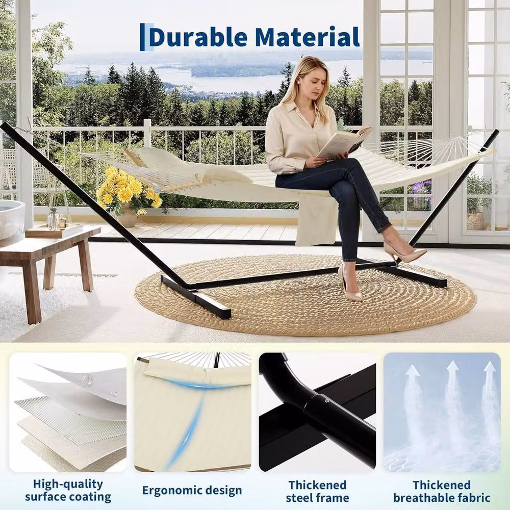 London Boutique Double Hammock with Stand and Cushions in Beige – 4