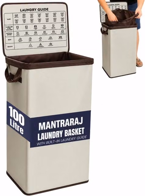 MantraRaj 100L Collapsible Fabric Laundry Basket with Lid and Handles in Beige and Brown