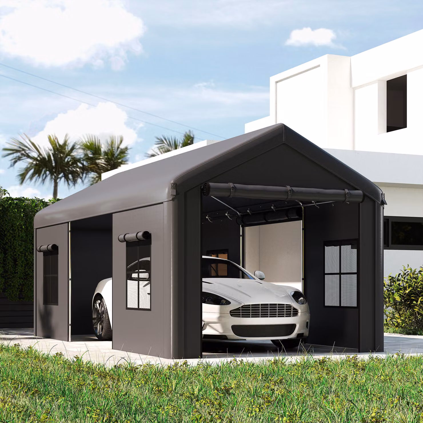 Outsunny Heavy Duty Carport Garage Canopy Tent with Galvanised Steel Frame, Doors and Windows, Dark Grey, W: 6 m, D: 3 m, H: 2.82 m – 7