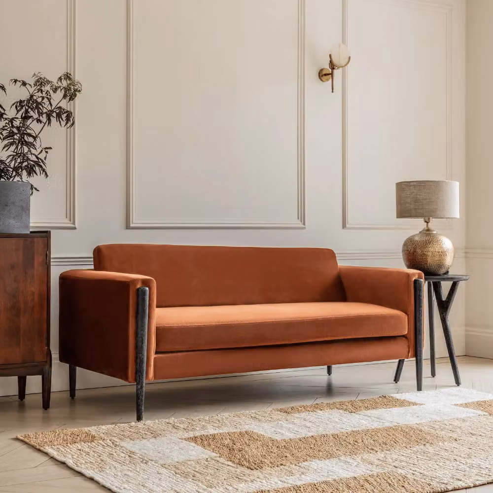 Atkin & Thyme Lexington 3 Seat Upholstered Sofa in Rust Velvet and Black with Mango Wood
