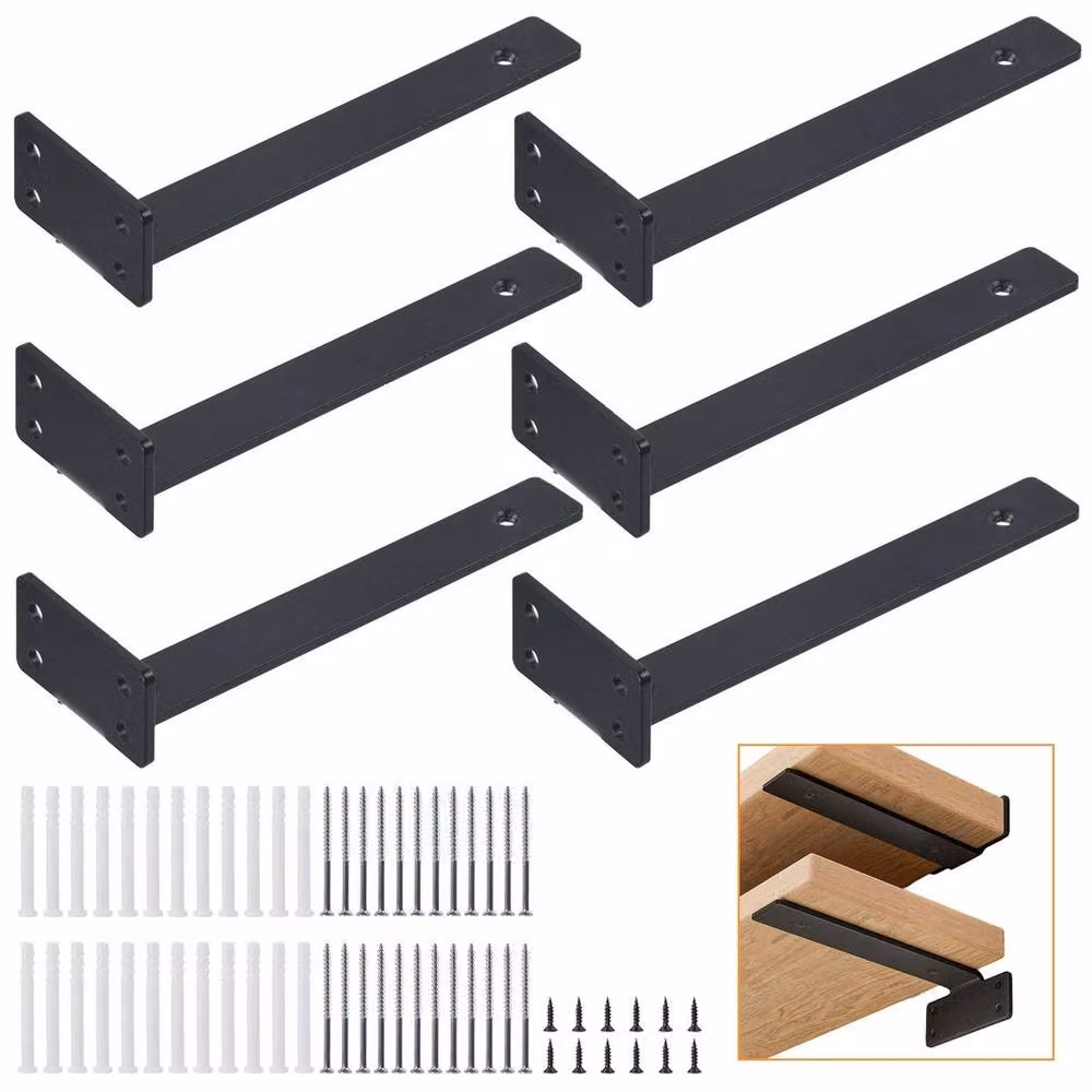 EONLION 6 Pack of Black Steel Floating Shelf Brackets, 20 cm – 4