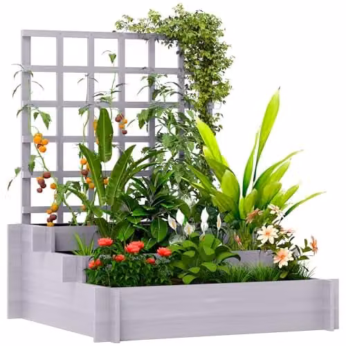 Outsunny 3 Tier Wooden Raised Garden Bed with Trellis for Climbing Plants, Grey – 1
