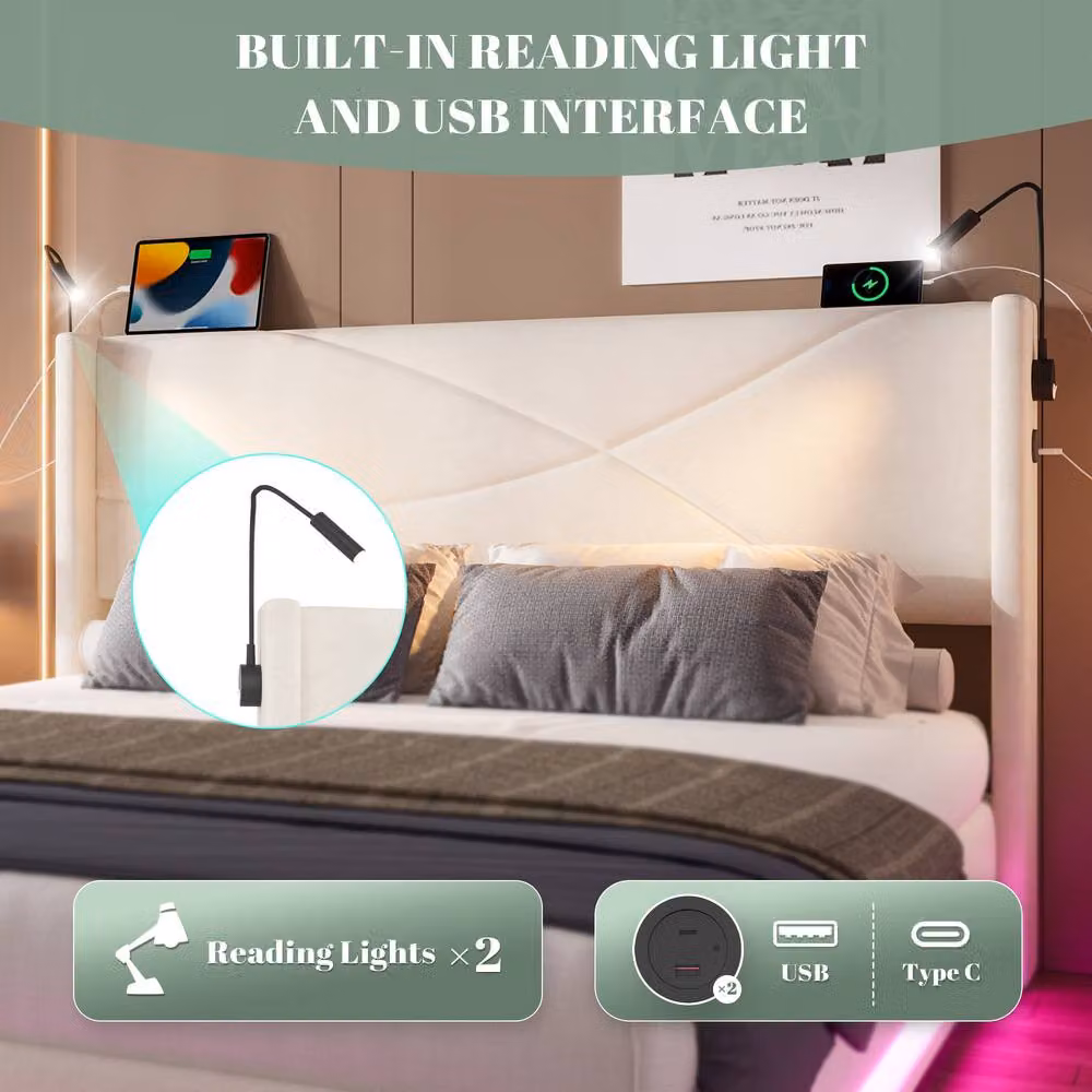Matteo Modern Double Velvet Bed Frame with Hydraulic Storage, LED Lighting and USB Charging in Beige, W/D/H: 135 x 190 x 106 cm – 4
