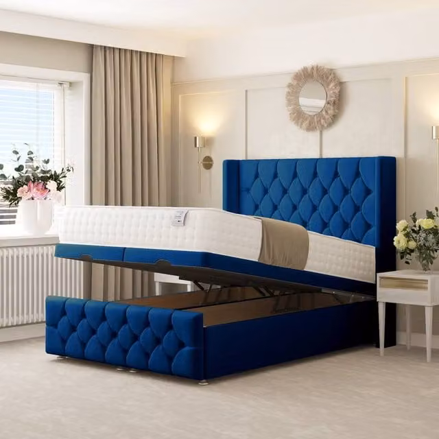Bed Choices Deluxe Ottoman Upholstered Chesterfield Divan Bed in Blue Velvet, W/D/H: 180 x 200 x 137.16 cm