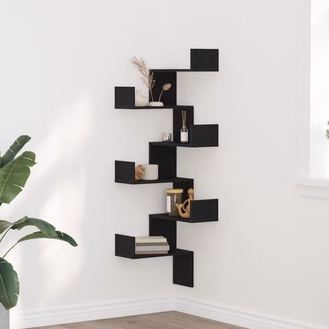 Berkfield Home Black Oak Wall Mounted Corner Shelf, W/D/H: 45 x 45 x 147 cm