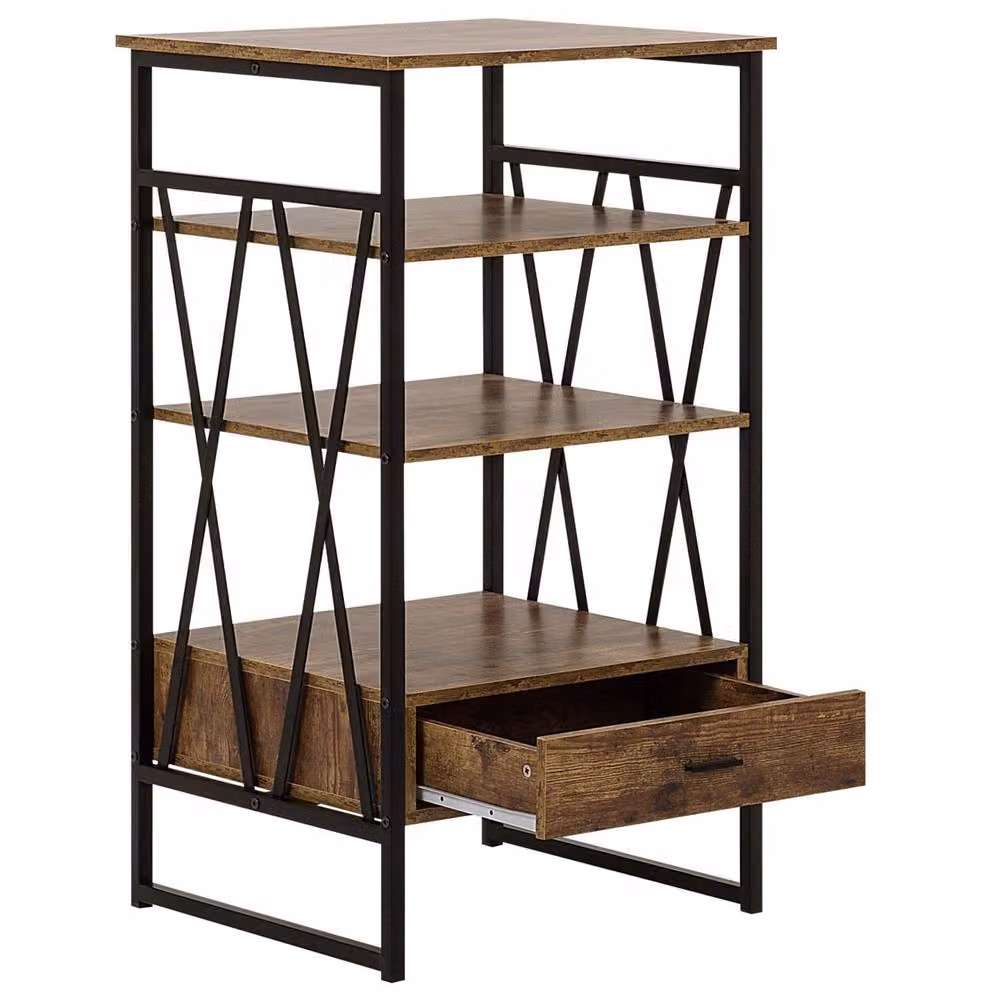 Wyld and Coco Industrial Console Table and TV Stand in Dark Brown with Metal X-Frame, 3 Shelves and 1 Drawer – 4