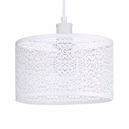 Happy Homewares Ornate Moroccan Style White Gloss Metal Circular Pendant Lamp Shade W: 25 cm, H: 15 cm – 1