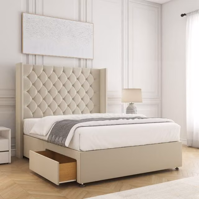 BSSPOKE Winchester Plush Divan Bed with 54 inch Headboard, 2 Drawers, Footend and Mattress in Beige Velvet Fabric, Size: Double (W/D/H: 140 x 200 cm)
