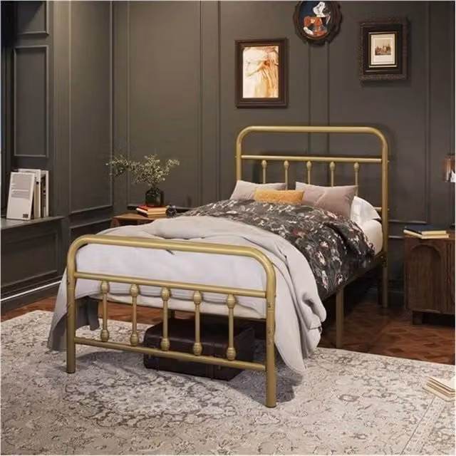 SPETLEK Single Metal Bed Frame in Antique Gold with Vintage High Headboard, W/D/H: 90 x 190 x 104 cm