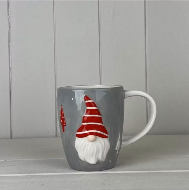 KDMD Grey Ceramic Gonk Mug with Red Striped Hat and White Handle