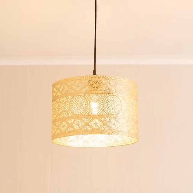 ValueLights Casablanca Pair of Gold Moroccan Style Easy Fit Drum Lamp Shades with LED Bulbs, Width: 31 cm