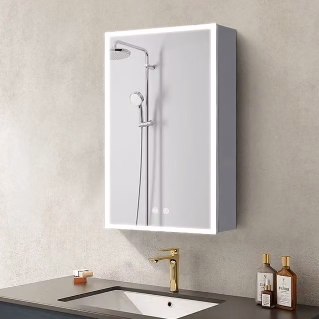Livingandhome Modern Silver Wall Mounted LED Bathroom Vanity Mirror Cabinet with Shaver Socket and Anti-Fog Function