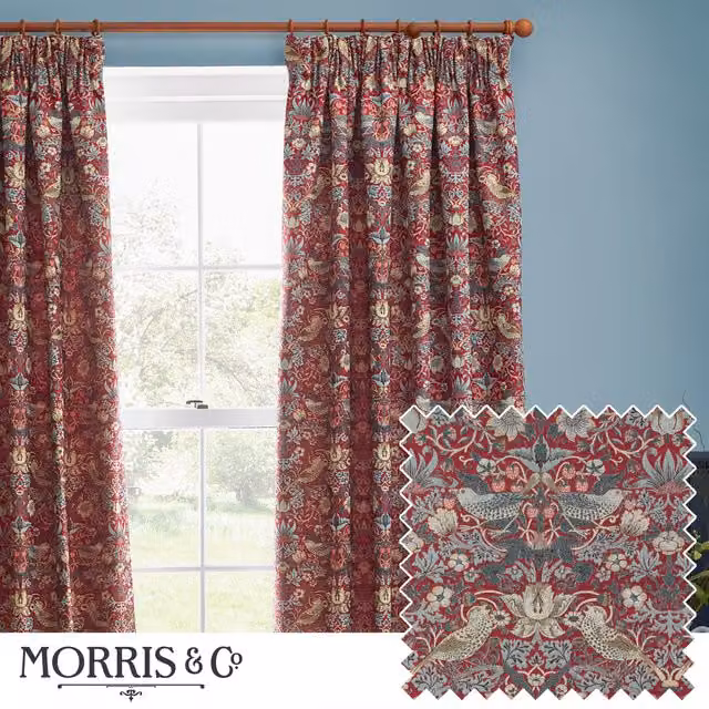 Morris & Co Strawberry Thief Jacquard Floral Room Darkening Pencil Pleat Curtain Pair in Red, Width: 168 cm, Drop: 183 cm