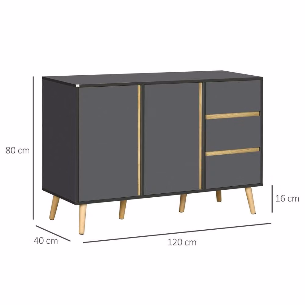 HOMCOM Modern Kitchen Sideboard with Double Doors and 3 Drawers in Matt Grey – 3