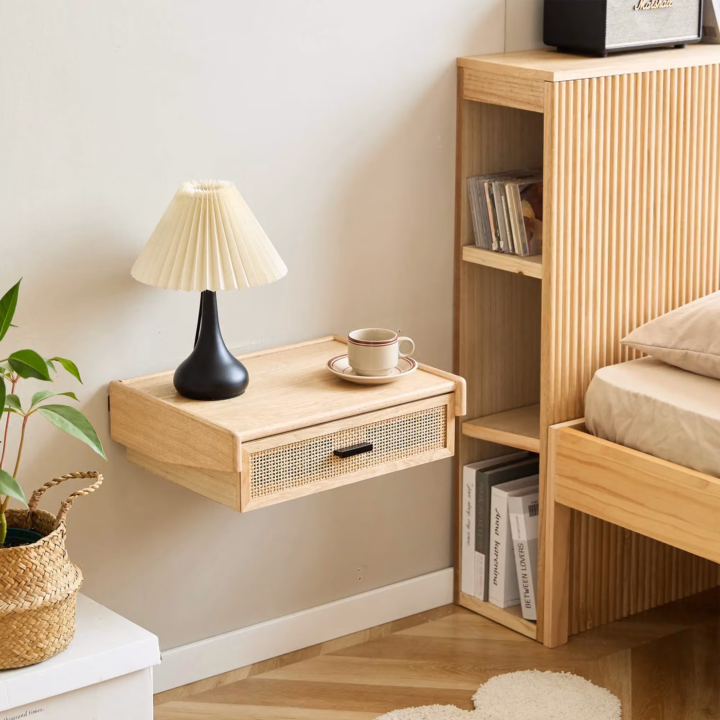 Nordlys Scandinavian Wall-Mounted Bedside Table in Light Brown Wood and Rattan – 1
