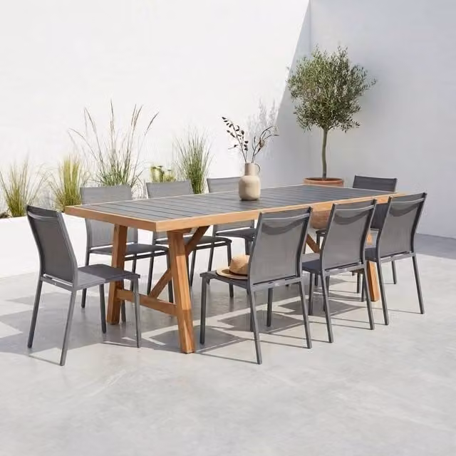 sweeek Acacia Wood and Aluminium Garden Table with 8 Chairs in Dark Grey – 1
