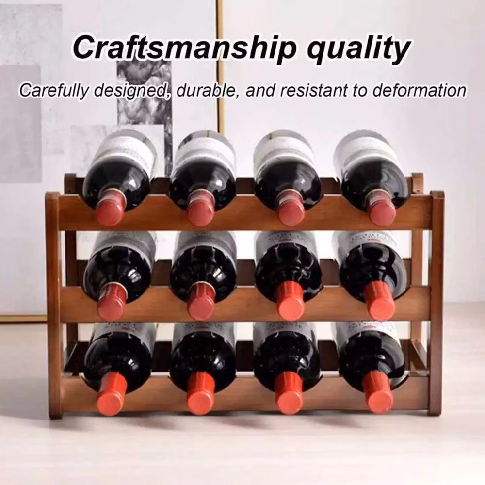 FLAVORA 3-Tier Wooden Wine Bottle Storage Rack, Natural Brown, Holds 12 Bottles – 3