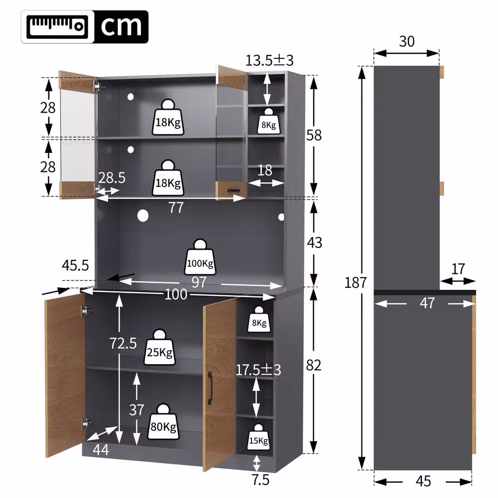 Rolipo Kitchen Pantry Cabinet with LED Lighting, Oak and Dark Grey, W/D/H: 100 x 47 x 187 cm – 2