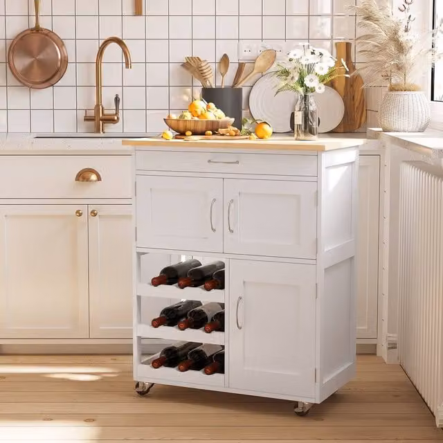 STILVORA Modern Kitchen Trolley with Drawer and Wine Rack in White – 1