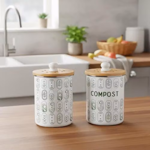 Purely Home Boho Minimalism Compost Caddy, 2L Metal Kitchen Food Waste Bin with Removable Inner Bucket and Odour Filter, Green and White – 2