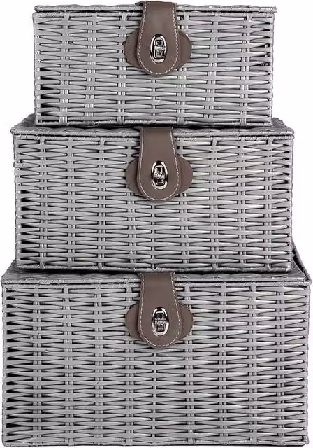 MANTRARAJ Set of 3 Resin Wicker Woven Storage Baskets with Lids and Handles, Black and Grey – 1