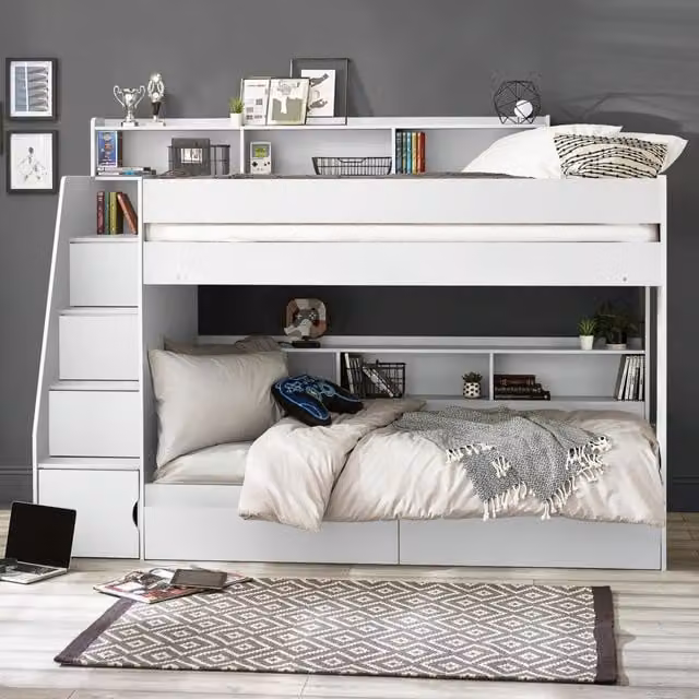 Julian Bowen Camelot White Lacquered Childrens Bunk Bed with Stairs and Drawers