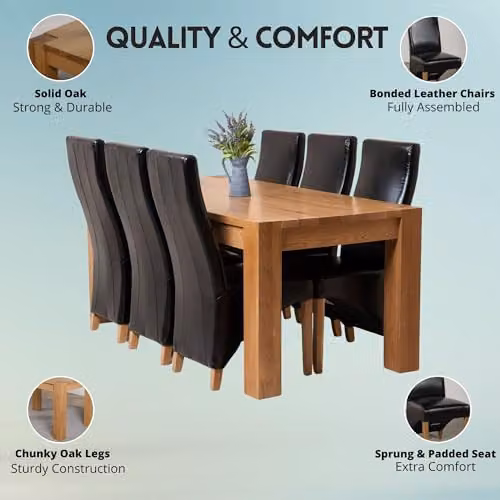 Thats Furniture Kuba Solid Oak Dining Table and 6 Lola Black Leather Chairs Set, W: 180 cm, D: 90 cm, H: 78 cm – 2