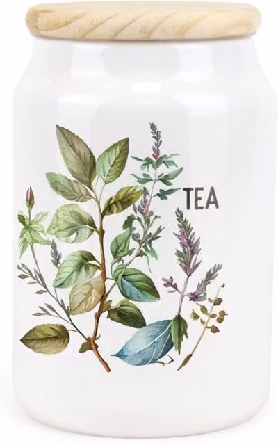 Purely Home Floral Watercolour Herbs Ceramic Tea Storage Canister in Green and White