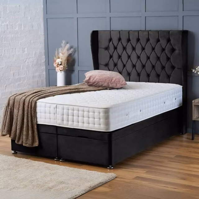 BSSPOKE Amelia Ottoman Divan Bed with 54 inch Headboard in Black Plush Velvet, W/D/H: 140 x 200 cm