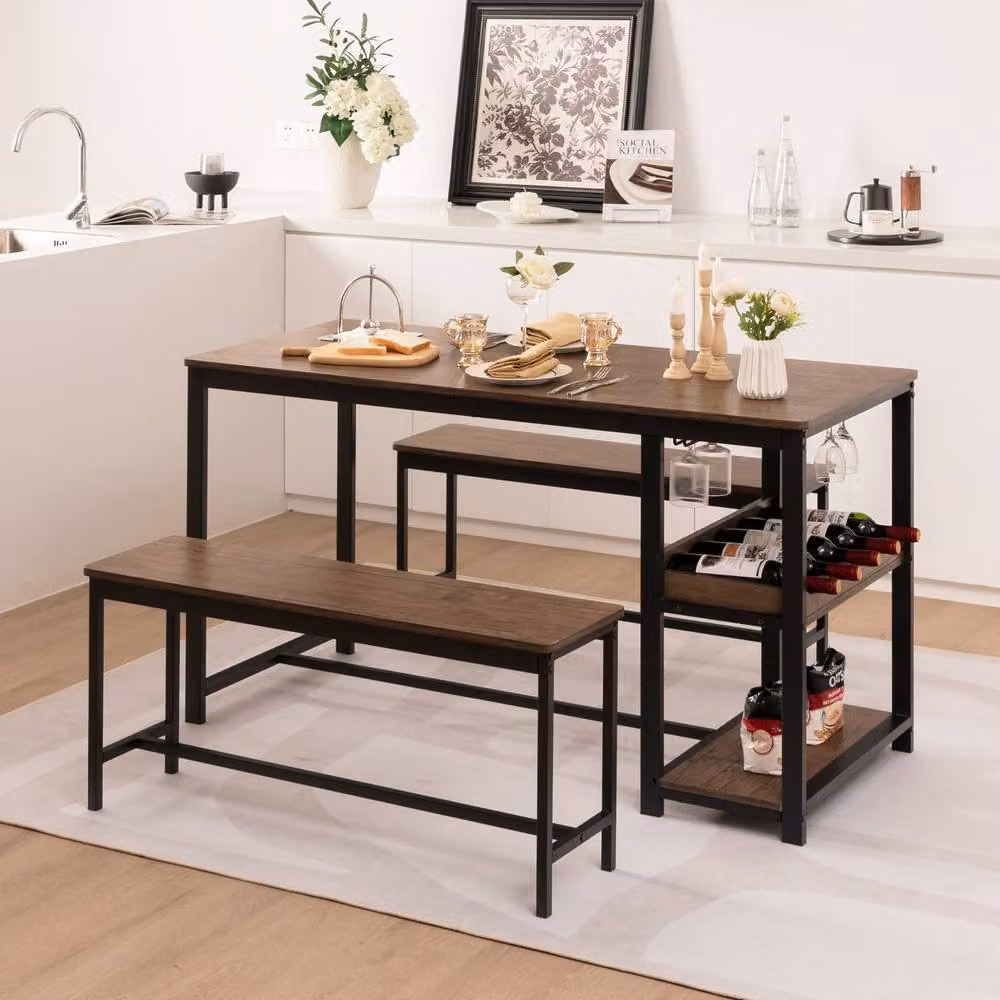 Gymax Brown Dining Table and 2 Benches Set with Wine Rack and Storage Shelf – 6