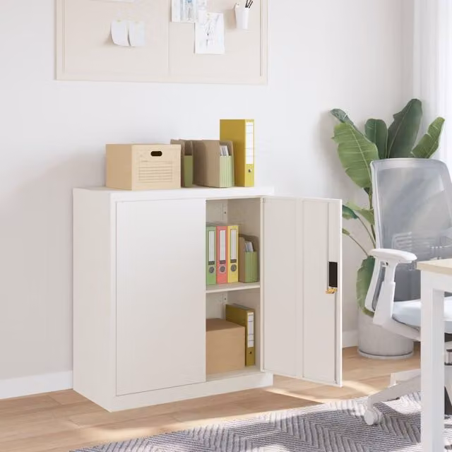 Berkfield Home White Metal Freestanding File Cabinet with Hinged Doors and Lock, W/D/H: 79 x 40 x 90 cm