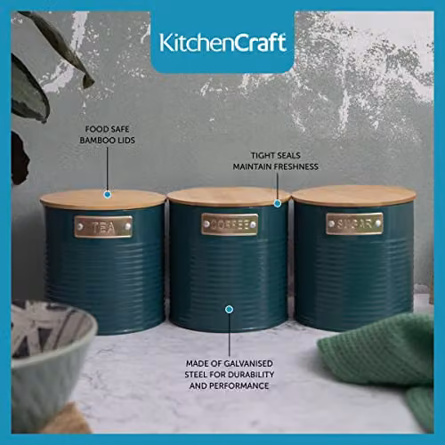 KitchenCraft Airtight Storage Canisters, 3 Piece Set in Turquoise and Petrol with Bamboo and Metal Lids – 2