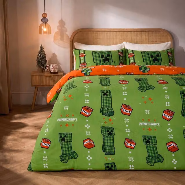 OHS Kids Minecraft Reversible Microfibre Duvet Cover Set, Green, W/D/H: 140 x 200 cm